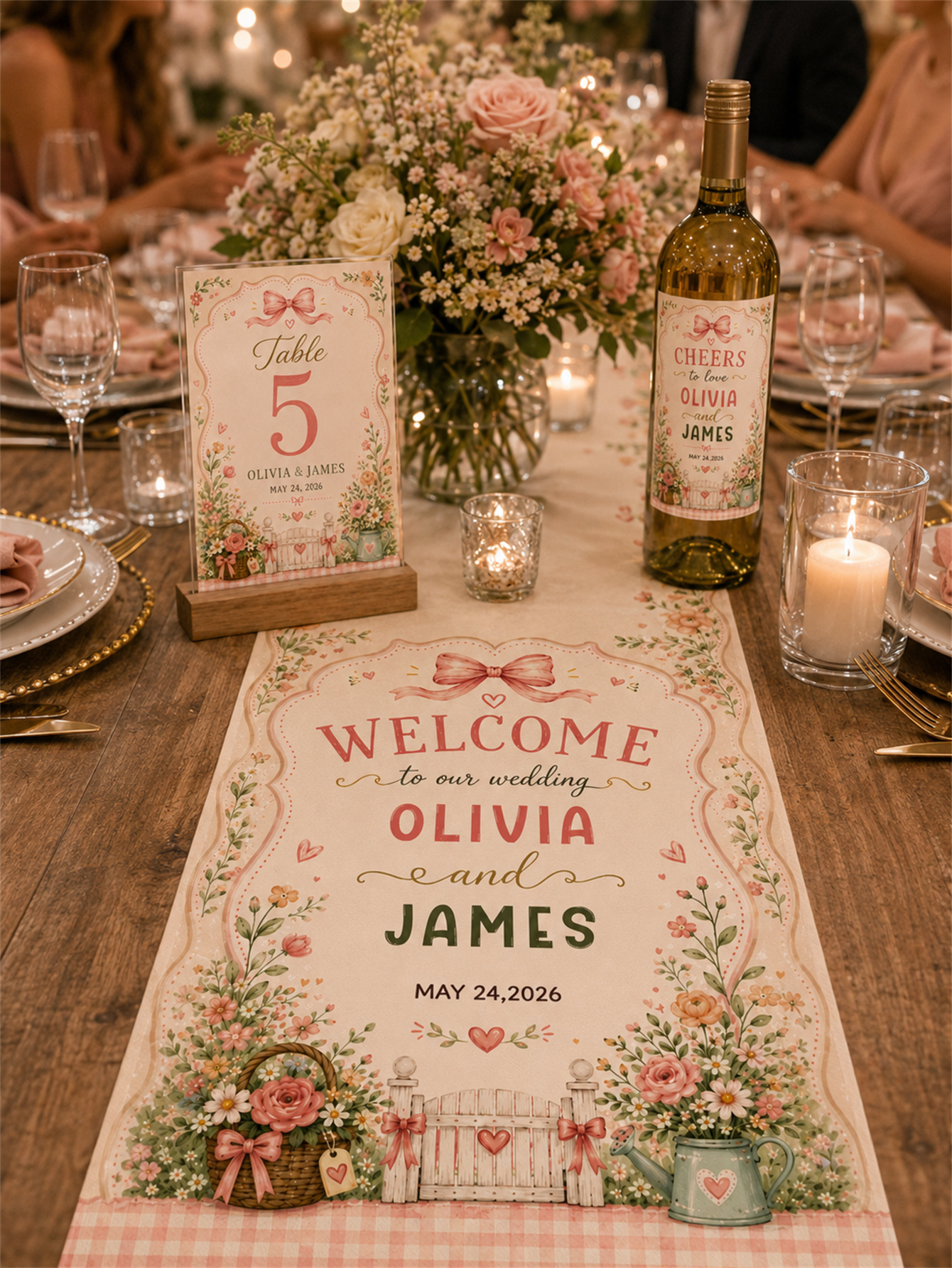 Romantic Garden Country Chic Theme - Watercolor Garden with bow Design - Custom name and date